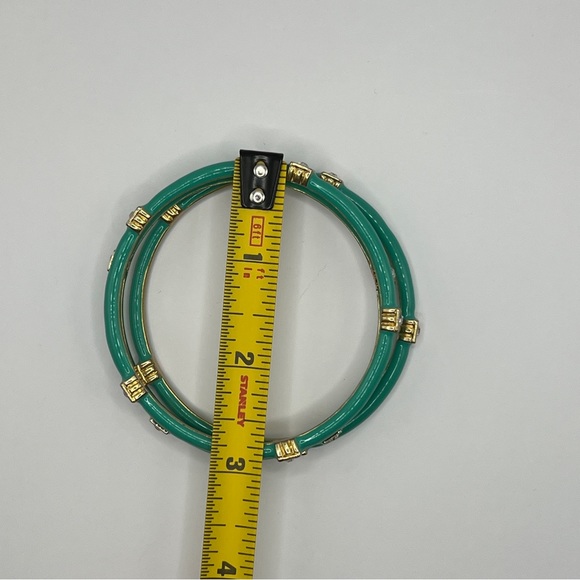 Set of three teal / turquoise enamel bangles with gold and crystals - Picture 5 of 6